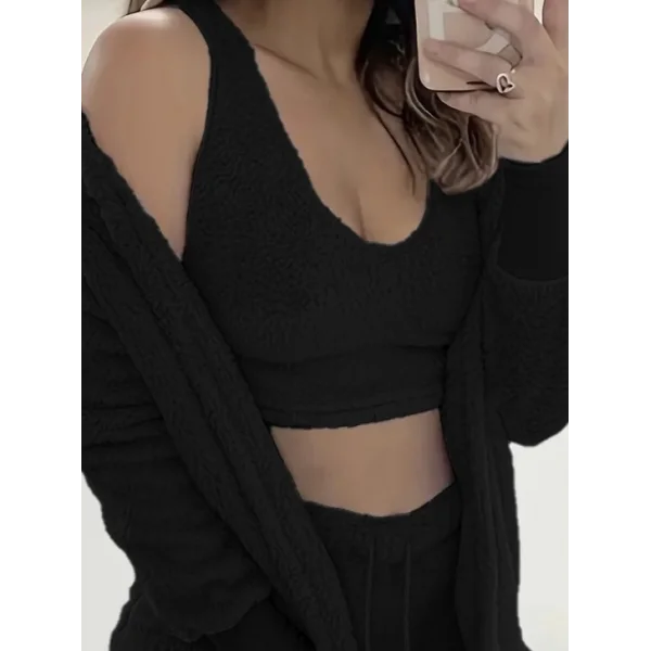 Kadın Uzun Kollu Ceket, Askılı Peluş Bluz Ve şort üçlü Takım