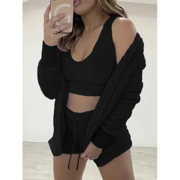Kadın Uzun Kollu Ceket, Askılı Peluş Bluz Ve şort üçlü Takım