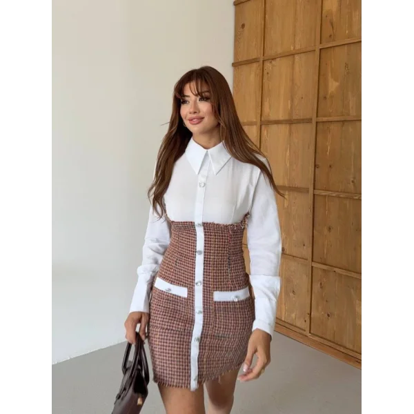 KADIN UZUN KOLLU CEP VE DÜĞME DETAY MİNİ GÖMLEK ELBİSE