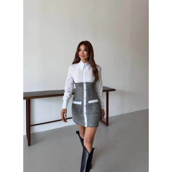 KADIN UZUN KOLLU CEP VE DÜĞME DETAY MİNİ GÖMLEK ELBİSE