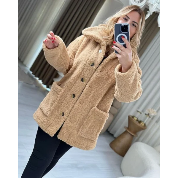 Kadın Uzun Kollu Cep Ve Düğme Detay Wellsof Kumaş Peluş Hırka