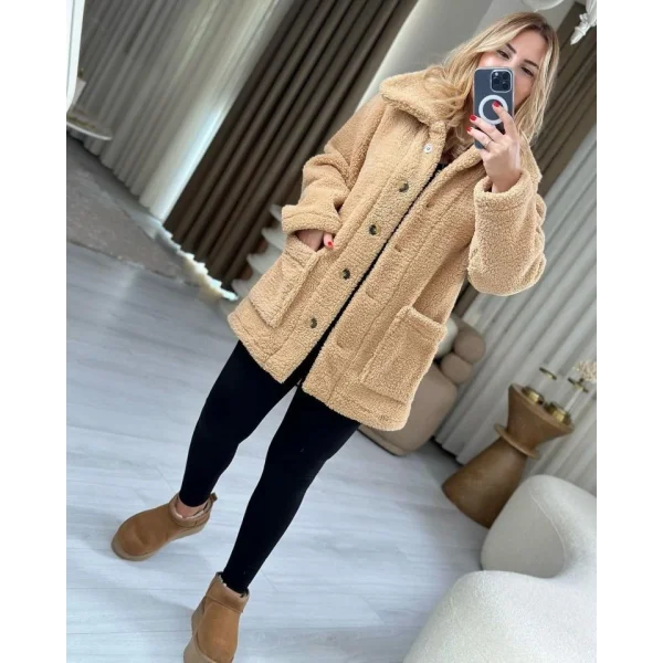 Kadın Uzun Kollu Cep Ve Düğme Detay Wellsof Kumaş Peluş Hırka