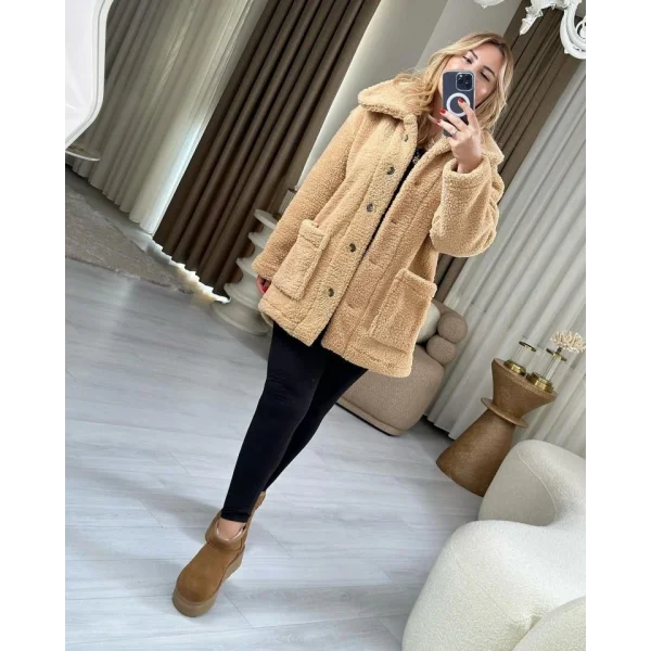 Kadın Uzun Kollu Cep Ve Düğme Detay Wellsof Kumaş Peluş Hırka