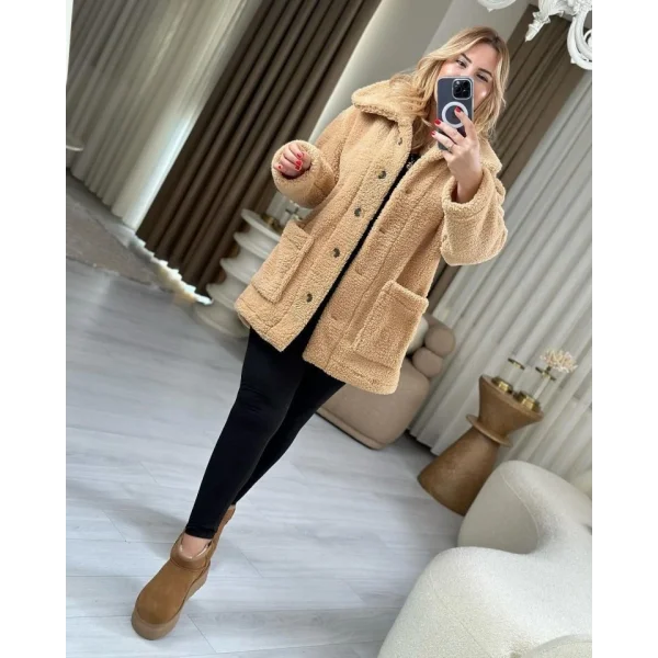 Kadın Uzun Kollu Cep Ve Düğme Detay Wellsof Kumaş Peluş Hırka