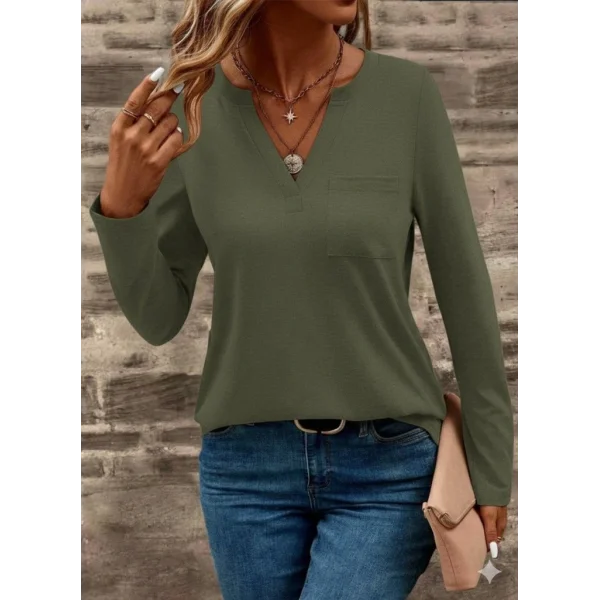 Kadın Uzun Kollu Cepli V Yakalı Viskon Iki Iplik Bluz