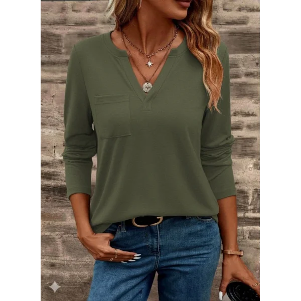 Kadın Uzun Kollu Cepli V Yakalı Viskon Iki Iplik Bluz