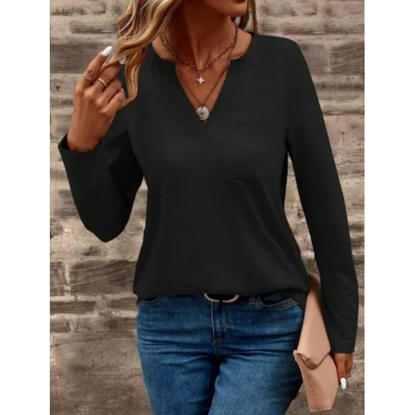 Kadın Uzun Kollu Cepli V Yakalı Viskon Iki Iplik Bluz