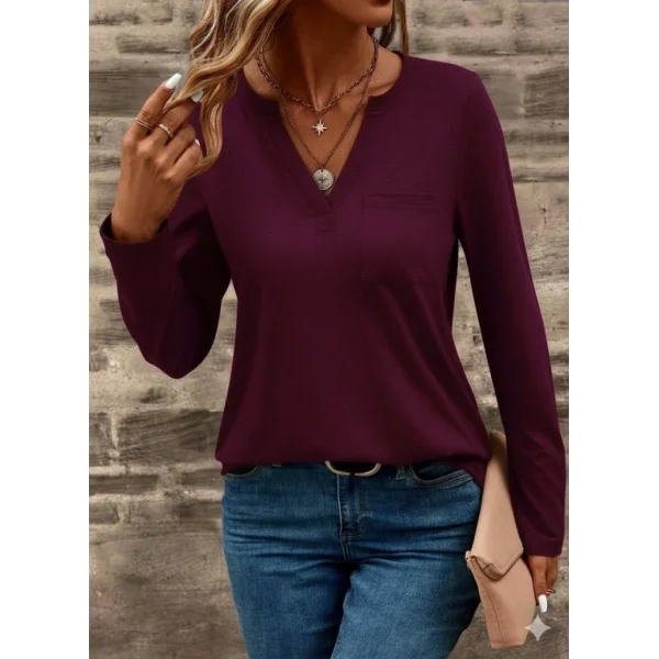 Kadın Uzun Kollu Cepli V Yakalı Viskon Iki Iplik Mürdüm Bluz