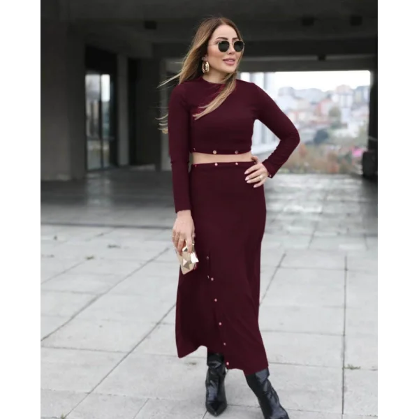 Kadın Uzun Kollu çıtçıtlı Viskon Krop Bluz Ve Yırtmaçlı Etek Istenildiğinde Elbise Olan Ikili Takım