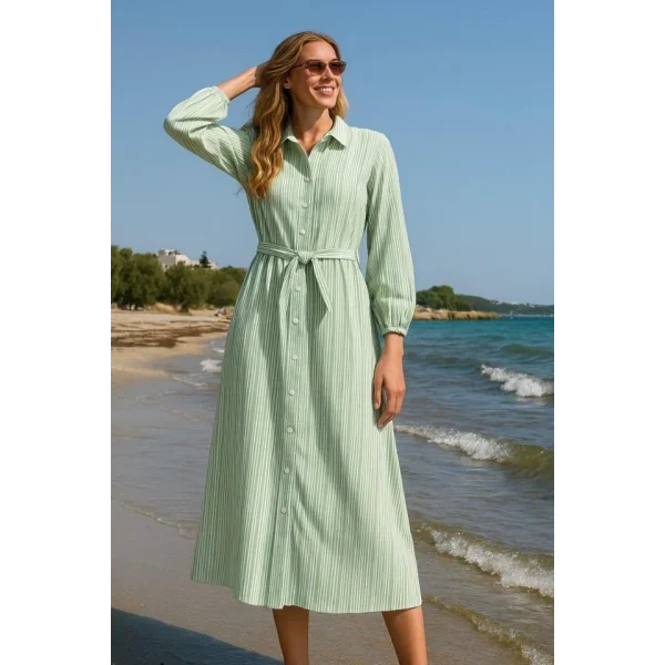 Kadın Uzun Kollu çizgi Detay Uzun Gömlek Elbise