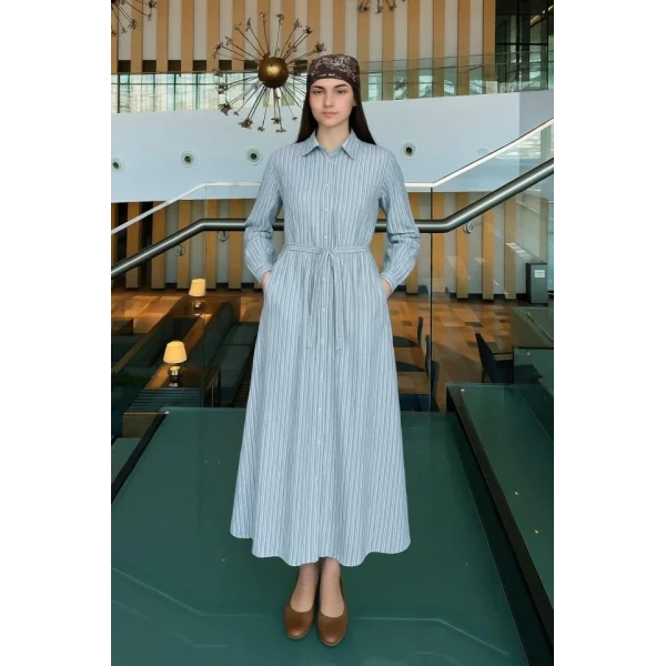 Kadın Uzun Kollu çizgi Detay Uzun Gömlek Elbise