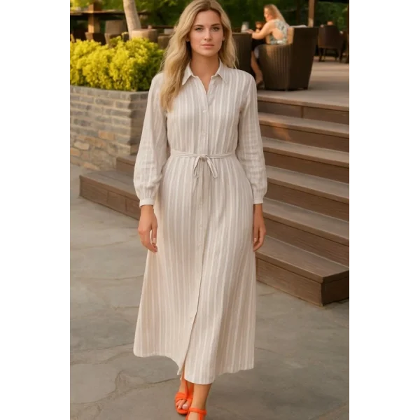 Kadın Uzun Kollu çizgi Detay Uzun Gömlek Elbise