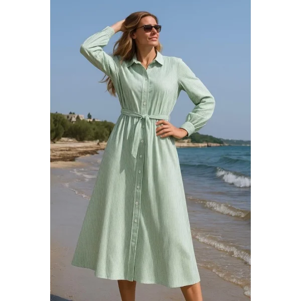 Kadın Uzun Kollu çizgi Detay Uzun Gömlek Elbise