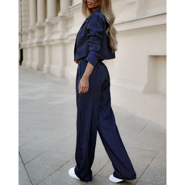 Kadın Uzun Kollu çizgili Bol Paça Pantolon Ceket Atlas Ikili Takım