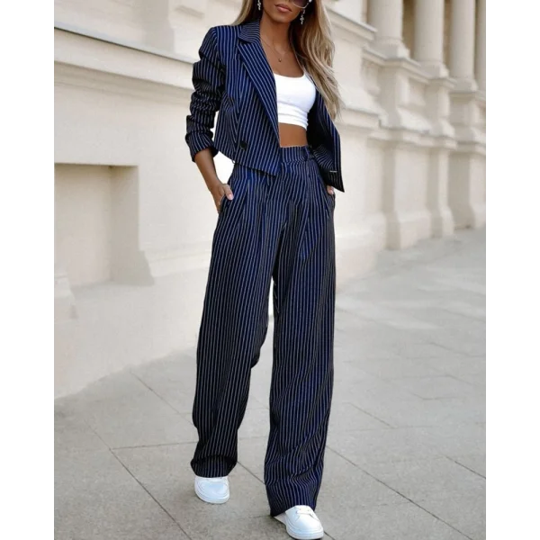 Kadın Uzun Kollu çizgili Bol Paça Pantolon Ceket Atlas Ikili Takım