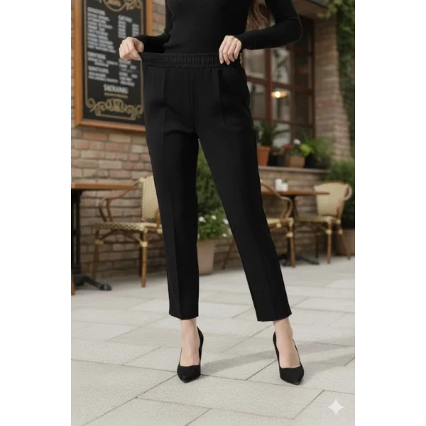 Kadın Uzun Kollu Dalıç Kumaş Cep Detay Beli Lastikli ütüsüz Pantolon