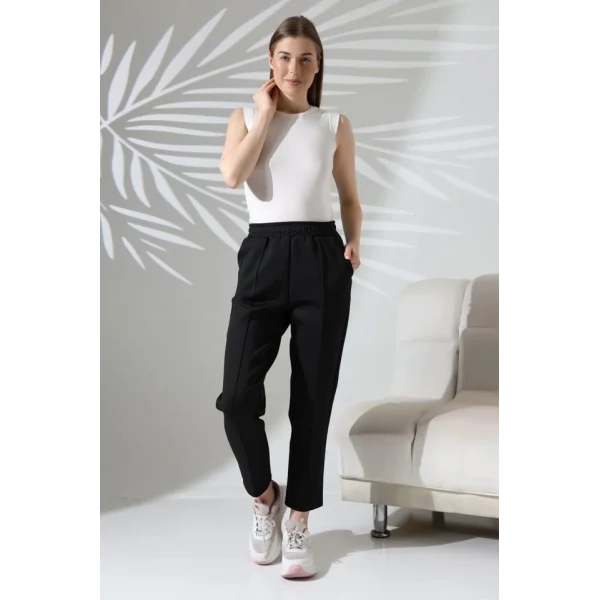 Kadın Uzun Kollu Dalıç Kumaş Cep Detay Beli Lastikli ütüsüz Pantolon