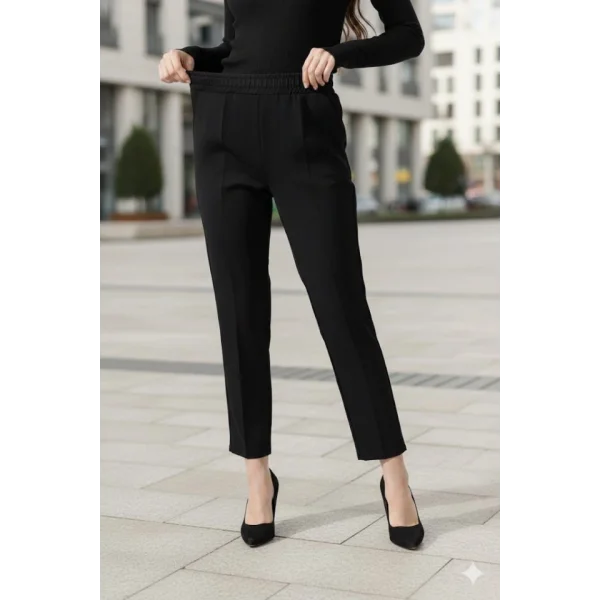 Kadın Uzun Kollu Dalıç Kumaş Cep Detay Beli Lastikli ütüsüz Pantolon