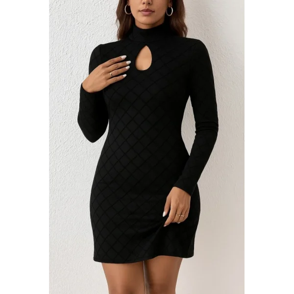 Kadın Uzun Kollu Damla Detay Flok Baskı Dalgıç Mini Elbise