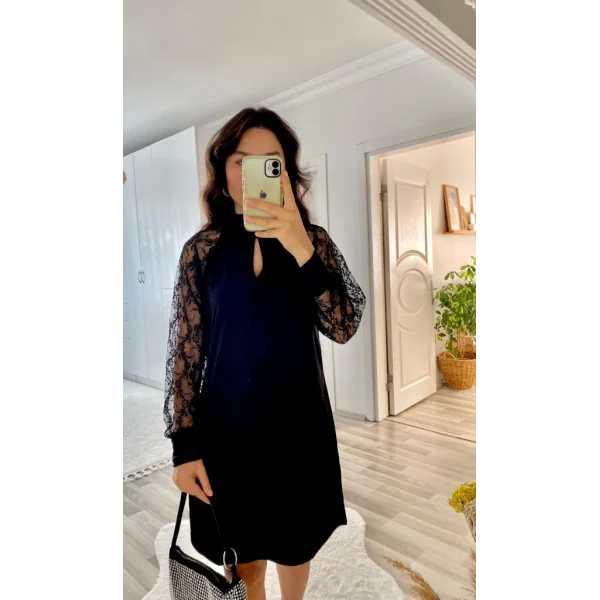 Kadın Uzun Kollu Damla Detaylı Sandy Mini Elbise