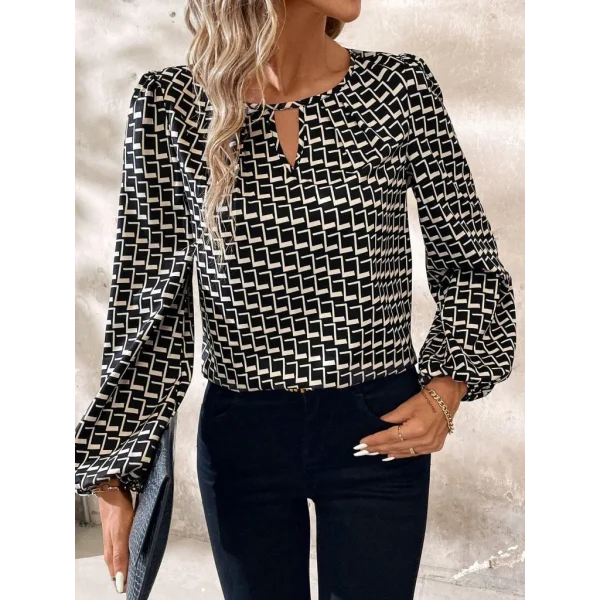 Kadın Uzun Kollu Damla Detaylı Yaka Desenli Süprem Bluz