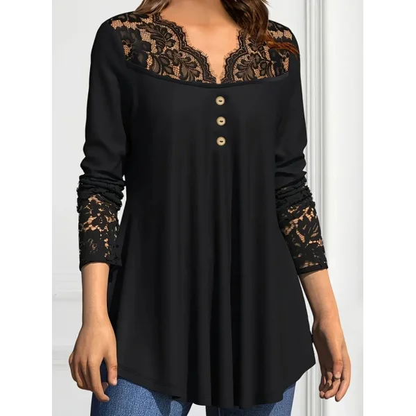 Kadın Uzun Kollu Dantel Detaylı Düğmeli Viskon Bluz