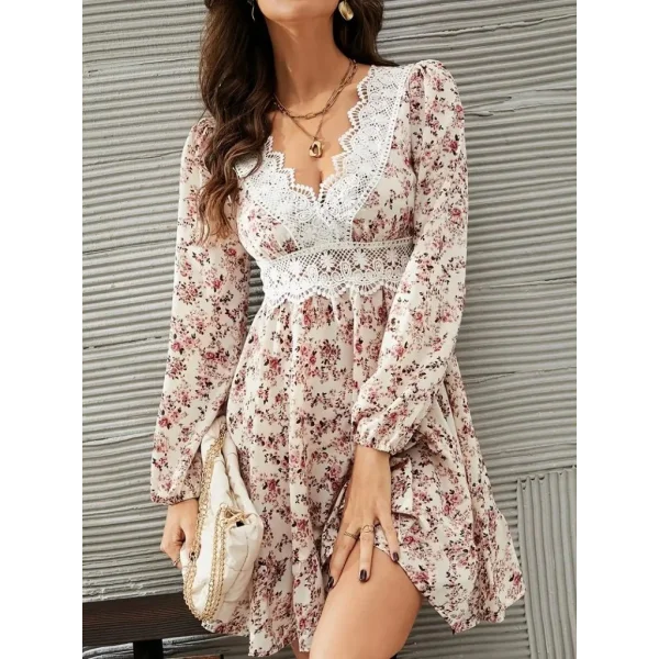 Kadın Uzun Kollu Dantel V Yakalı Mini Desenli Süprem Elbise