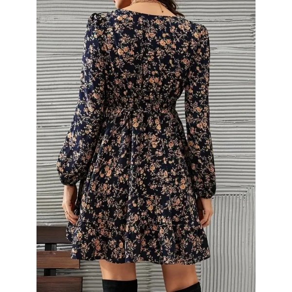 Kadın Uzun Kollu Dantel V Yakalı Mini Desenli Süprem Elbise