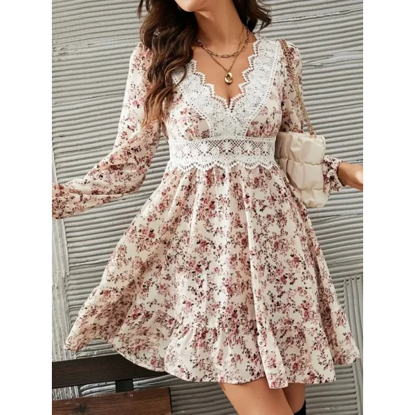 Kadın Uzun Kollu Dantel V Yakalı Mini Desenli Süprem Elbise