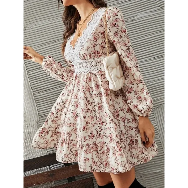 Kadın Uzun Kollu Dantel V Yakalı Mini Desenli Süprem Elbise