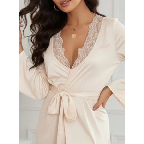 Kadın Uzun Kollu Dantel Yakalı Belden Kuşaklı Viskon Gecelik