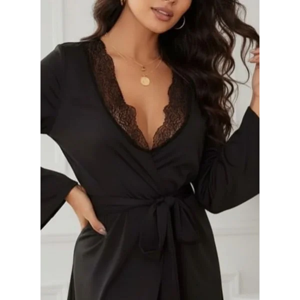 Kadın Uzun Kollu Dantel Yakalı Belden Kuşaklı Viskon Gecelik