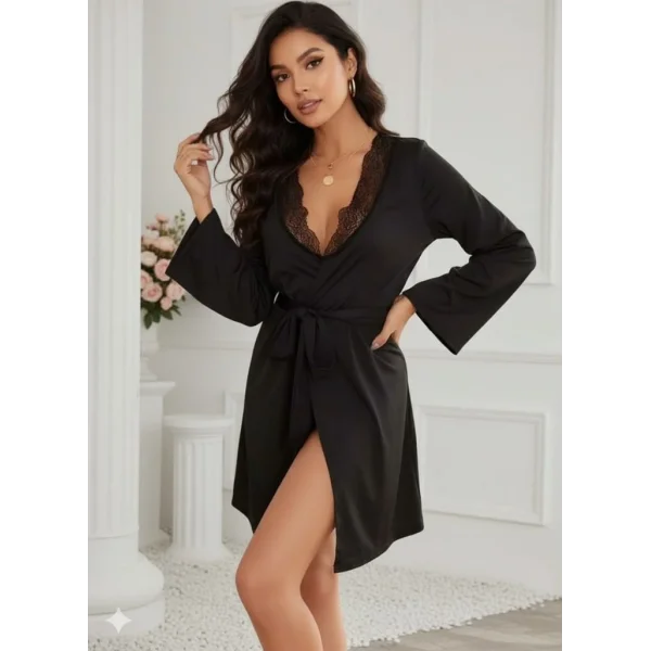 Kadın Uzun Kollu Dantel Yakalı Belden Kuşaklı Viskon Gecelik