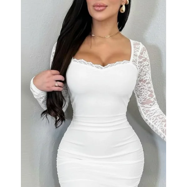 Kadın Uzun Kollu Dantelli Büzgü Detaylı Yırtmaçlı Midi Sandy Elbise