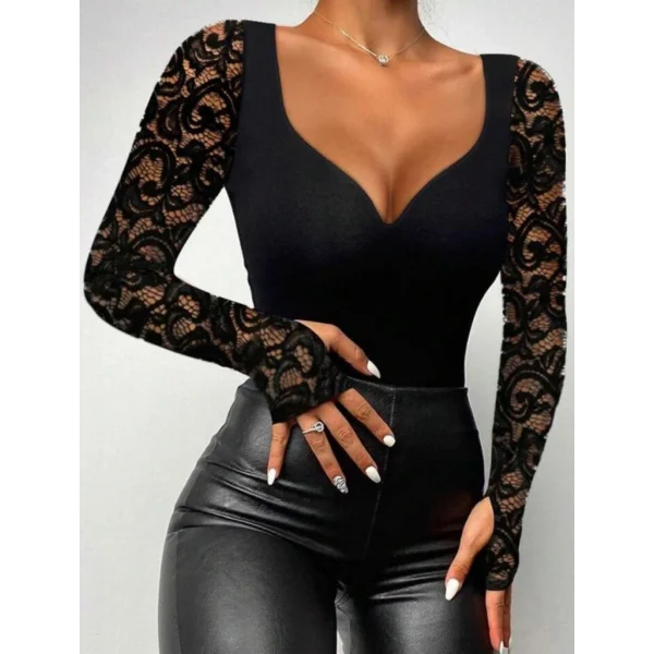 Kadın Uzun Kollu Dantelli Dekolte Detaylı Dalgıç Bluz