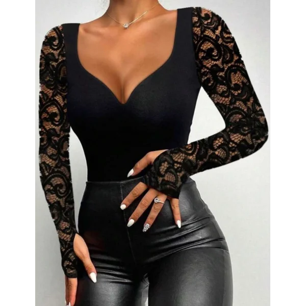 Kadın Uzun Kollu Dantelli Dekolte Detaylı Dalgıç Bluz