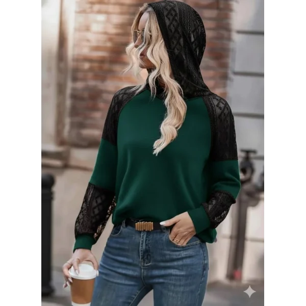 Kadın Uzun Kollu Dantelli Kapşonlu Viskon Iki Iplik Bluz