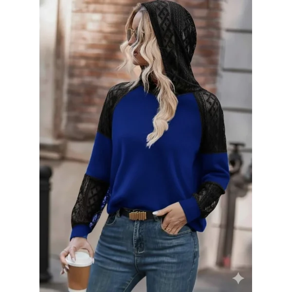 Kadın Uzun Kollu Dantelli Kapşonlu Viskon Iki Iplik Bluz