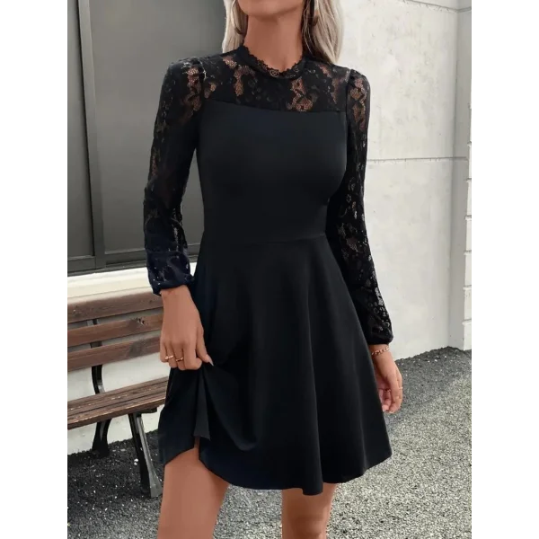 Kadın Uzun Kollu Dantelli Kloş Mini Ithal Krep Elbise