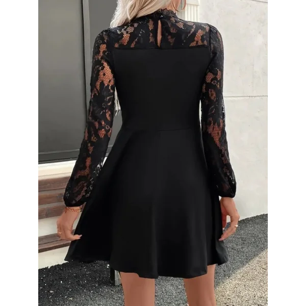 Kadın Uzun Kollu Dantelli Kloş Mini Ithal Krep Elbise