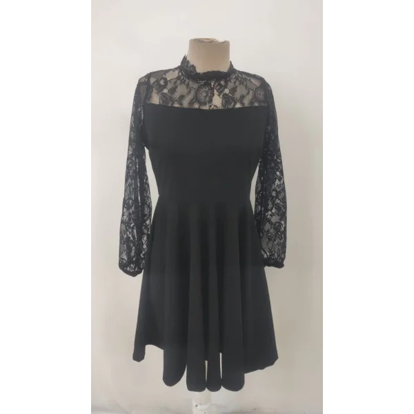 Kadın Uzun Kollu Dantelli Kloş Mini Ithal Krep Elbise