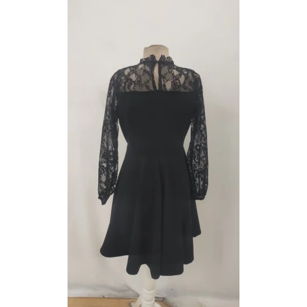 Kadın Uzun Kollu Dantelli Kloş Mini Ithal Krep Elbise