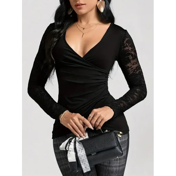 Kadın Uzun Kollu Dantelli Kruvaze Yakalı Yandan Büzgülü Viskon Bluz