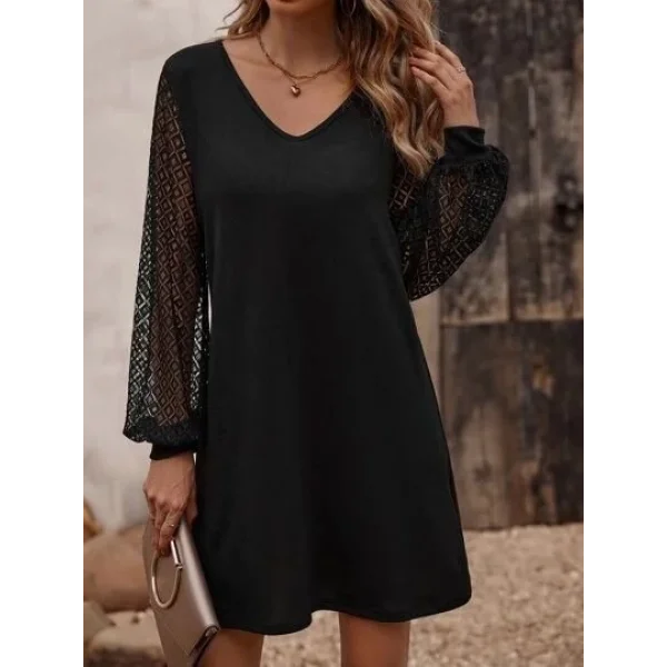 Kadın Uzun Kollu Dantelli V Yakalı Kısa Ithal Krep Elbise