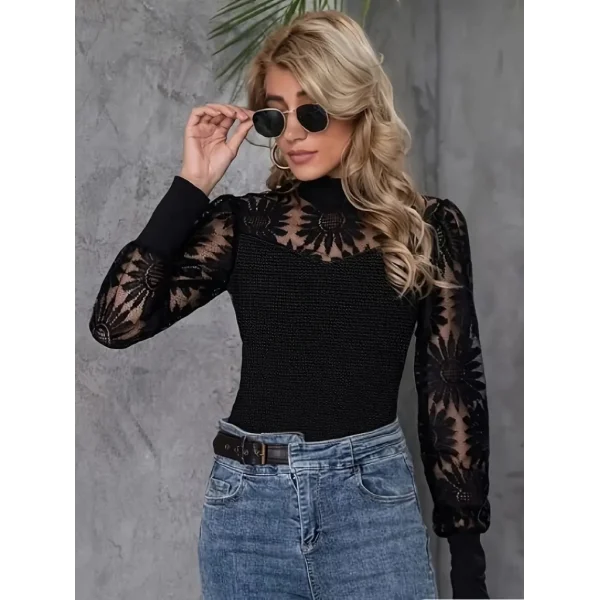 Kadın Uzun Kollu Dantelli Yarı Balıkçı Yaka Viskon Bluz