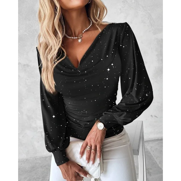 Kadın Uzun Kollu Degaje Yaka Taşlı Sandy Bluz