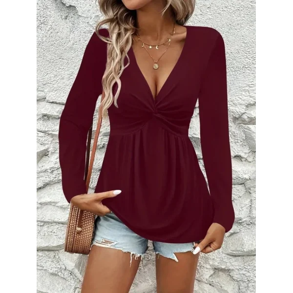 Kadın Uzun Kollu Dekolteli Sarmal Detaylı Viskon Bluz