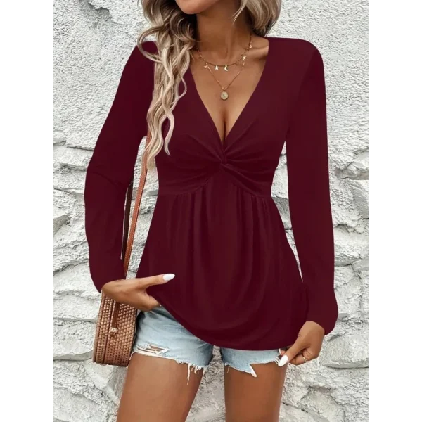 Kadın Uzun Kollu Dekolteli Sarmal Detaylı Viskon Bluz