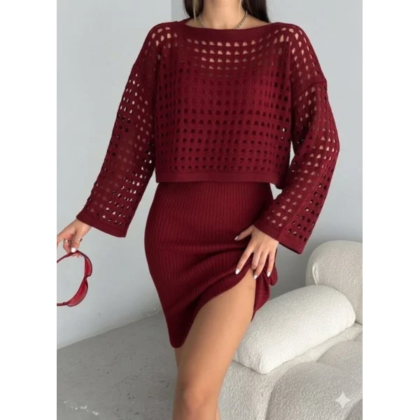 Kadın Uzun Kollu Delikli Kazak Askılı Elbise Triko Ikili Takım