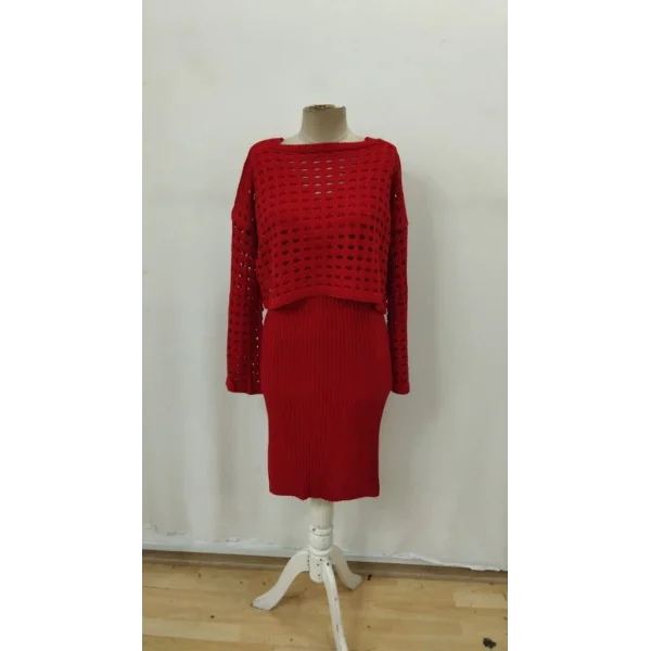 Kadın Uzun Kollu Delikli Kazak Askılı Elbise Triko Ikili Takım